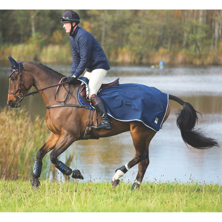 Horseware Rambo Waterproof Fleece Competition Quarter Sheet Navy with Beige and Baby Blue