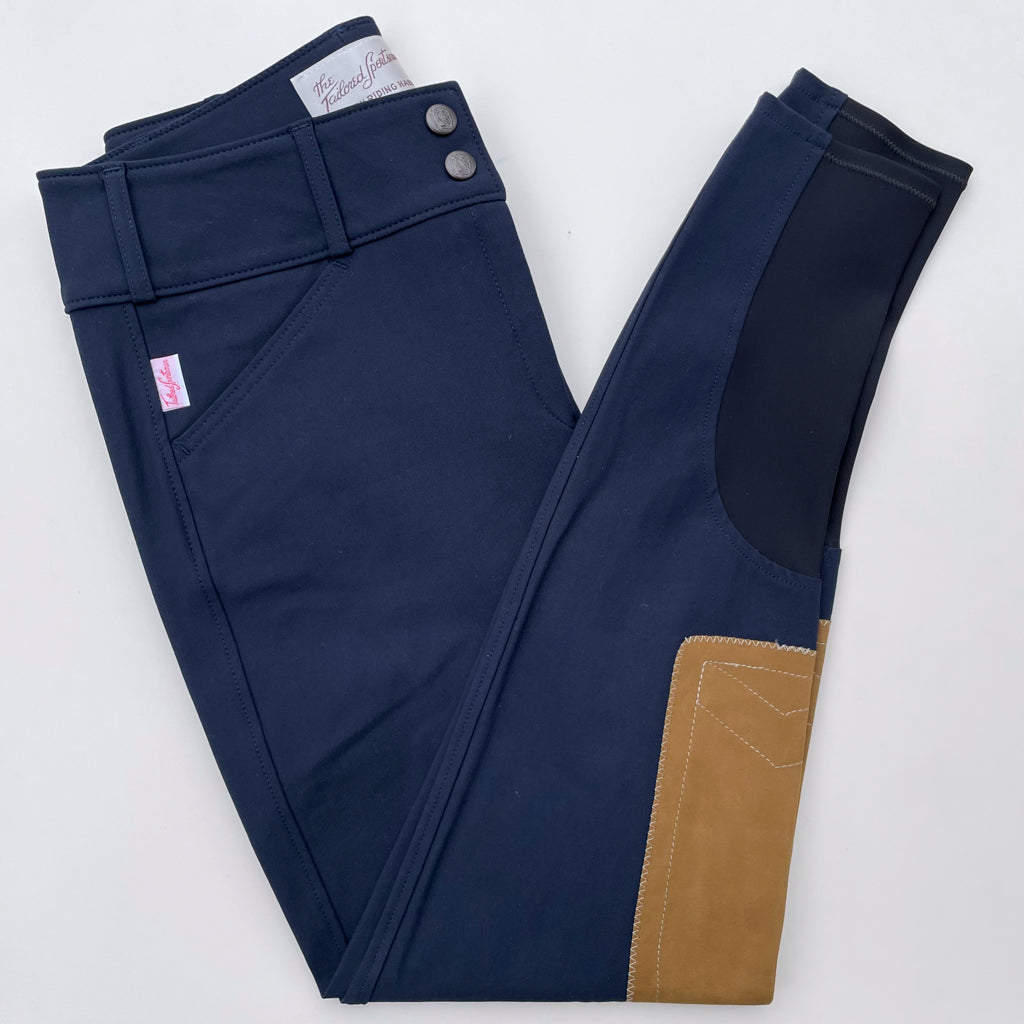 Tailored Sportsman Girl's Front Zip Trophy Hunter Breech with Boot Socks Black and Blue with Tan Patches