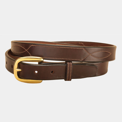 Tory Stitched Pattern Nameplate Leather Riding Belt Havana with Brass Hardware
